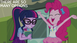 Size: 2000x1125 | Tagged: safe, edit, edited screencap, editor:quoterific, imported from derpibooru, screencap, pinkie pie, sci-twi, twilight sparkle, equestria girls, equestria girls series, stressed in show