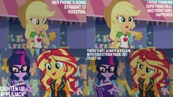 Size: 2000x1125 | Tagged: safe, edit, edited screencap, editor:quoterific, imported from derpibooru, screencap, applejack, sci-twi, sunset shimmer, twilight sparkle, equestria girls, equestria girls series, rollercoaster of friendship
