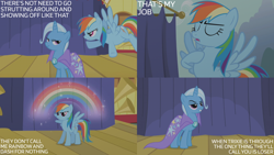 Size: 2000x1125 | Tagged: safe, edit, edited screencap, editor:quoterific, imported from derpibooru, screencap, rainbow dash, trixie, boast busters, rainbow, stage