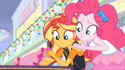 Size: 520x293 | Tagged: safe, imported from derpibooru, screencap, fluttershy, pinkie pie, sunset shimmer, human, equestria girls, equestria girls series, holidays unwrapped, spoiler:eqg series (season 2), animated, cute, dashing through the mall, diapinkes, gif, hug, shimmerbetes, squirrel game, trio
