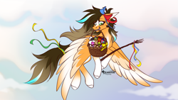 Size: 2559x1439 | Tagged: safe, artist:luzreal, imported from derpibooru, oc, pegasus, basket, czech republic, easter, easter egg, female, flying, holiday, mouth hold, solo