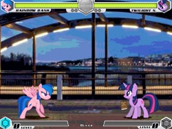 Size: 994x746 | Tagged: safe, imported from derpibooru, firefly, rainbow dash, twilight sparkle, pegasus, pony, unicorn, fighting is magic, bipedal, book, bridge, city, duo, fan game, female, fraternity, g1, game, light, mare, new, palette swap, recolor, stage, são paulo, unicorn twilight