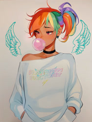 Size: 1920x2558 | Tagged: safe, artist:chloe dawn, imported from derpibooru, rainbow dash, human, bubblegum, choker, clothes, floating wings, food, gum, humanized, off shoulder, off shoulder sweater, ponytail, solo, sweater, tan skin, wings