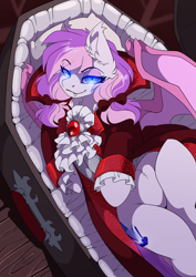 Size: 2480x3508 | Tagged: safe, artist:arctic-fox, imported from derpibooru, oc, oc only, oc:malina, bat pony, vampire, vampony, bow, clothes, coffin, cosplay, costume, dracula, glowing, glowing eyes, grin, hair bow, looking at you, lying down, on back, pigtails, smiling, solo