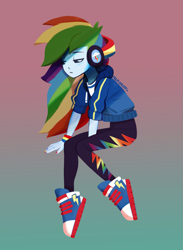 Size: 1611x2196 | Tagged: safe, artist:merimutt, imported from derpibooru, rainbow dash, human, equestria girls, gradient background, headphones, humanized, solo