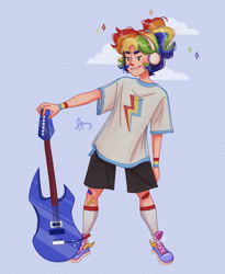 Size: 960x1168 | Tagged: safe, artist:malinka, imported from derpibooru, rainbow dash, human, breasts, delicious flat chest, electric guitar, guitar, human coloration, humanized, musical instrument, rainbow flat, tumblr nose