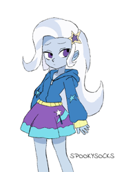 Size: 512x768 | Tagged: safe, artist:spookysocks, derpibooru exclusive, imported from derpibooru, trixie, human, equestria girls, clothes, hairpin, hoodie, simple background, skirt, solo, white background