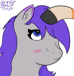 Size: 784x800 | Tagged: safe, artist:ideletedsystem64, imported from derpibooru, oc, oc only, oc:glitter stone, oc:skyena, artfight, artfight 2023, blue eyes, blushing, bust, female, head pat, mare, pat, purple mane, signature