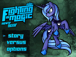 Size: 640x480 | Tagged: safe, imported from derpibooru, princess luna, alicorn, pony, fighting is magic, >:), female, fighting is magic aurora, game, game screencap, jewelry, mare, regalia, s1 luna, solo, spread wings, wings