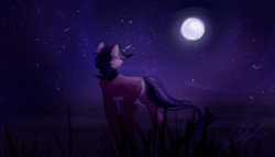 Size: 1920x1097 | Tagged: safe, artist:m_lik, imported from derpibooru, oc, oc only, oc:dreaming star, bat pony, bat pony unicorn, hybrid, pony, unicorn, butt, commission, horn, male, moon, moonlight, night, night sky, outdoors, pale belly, plot, scenery, sky, stallion, ych result