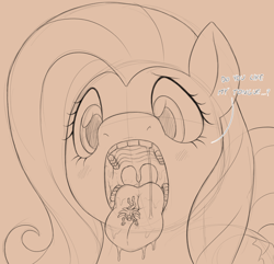 Size: 2004x1935 | Tagged: safe, artist:sparkythechu, imported from derpibooru, fluttershy, oc, pegasus, pony, blushing, comfy, dialogue, drool, drool string, endosoma, esophagus, fetish, flutterpred, gentle pred, imminent vore, mawshot, monochrome, non-fatal vore, open mouth, oral invitation, saliva puddle, salivating, sketch, slimy, squishy, taste buds, tongue matress, tongue out, uvula, vore