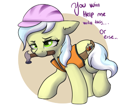 Size: 2600x2200 | Tagged: safe, artist:dumbwoofer, imported from derpibooru, ambrosia, cindy block, earth pony, pony, clothes, ear fluff, female, hammer, hard hat, hat, mare, mouth hold, or else, simple background, solo, text, toolbelt, transparent background