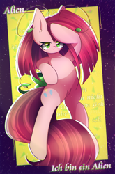 Size: 1750x2650 | Tagged: safe, artist:miryelis, imported from derpibooru, pinkie pie, alien, earth pony, pony, big ears, bow, cute, cuteamena, full body, green eyes, long hair, looking at you, pinkamena diane pie, smiling, smiling at you, solo, text