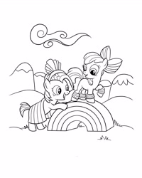 Size: 2480x3100 | Tagged: safe, imported from derpibooru, apple bloom, babs seed, earth pony, pony, black and white, clothes, cloud, coloring page, duo, duo female, female, filly, foal, freckles, grayscale, hat, leg warmers, monochrome, official, open mouth, outdoors, raised hoof