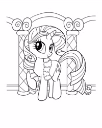 Size: 2480x3100 | Tagged: safe, imported from derpibooru, rarity, pony, unicorn, black and white, boa, closed mouth, coloring page, eyes open, feather boa, female, grayscale, hairband, mare, monochrome, official, pillar, raised hoof, simple background, smiling, solo, white background