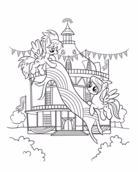 Size: 2480x3100 | Tagged: safe, imported from derpibooru, cloudchaser, flitter, pegasus, pony, banner, black and white, bunting, bush, closed mouth, coloring page, duo, duo female, female, flag, flying, grayscale, mare, monochrome, official, open mouth, open smile, outdoors, ponyville town hall, rainbow, siblings, sisters, smiling