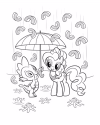 Size: 2480x3100 | Tagged: safe, imported from derpibooru, pinkie pie, spike, dragon, earth pony, pony, black and white, coloring page, duo, duo male and female, female, grayscale, jewelry, male, mare, monochrome, necklace, official, outdoors, rain, smiling, stock vector, umbrella