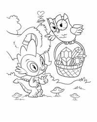 Size: 2480x3100 | Tagged: safe, imported from derpibooru, owlowiscious, spike, bird, owl, basket, beak, black and white, claw hold, coloring page, duo, duo male, flying, gem, grayscale, licking, licking lips, male, monochrome, mushroom, official, open beak, open mouth, outdoors, pointing, simple background, slit pupils, tongue out, white background