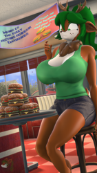 Size: 2160x3840 | Tagged: safe, artist:donglysfm, imported from derpibooru, oc, oc:tea tree, anthro, deer, 3d, antlers, big breasts, breasts, bucktooth, burger, deer oc, diner, female, food, high res, indoors, milf, neck fluff, non-pony oc, revamped anthros, solo, source filmmaker, this will end in pain