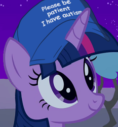 Size: 268x287 | Tagged: safe, edit, edited screencap, imported from derpibooru, screencap, twilight sparkle, pony, unicorn, bust, cap, hat, please be patient i have autism, solo, unicorn twilight