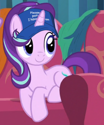 Size: 289x348 | Tagged: safe, edit, edited screencap, imported from derpibooru, screencap, starlight glimmer, pony, unicorn, it isn't the mane thing about you, couch, cropped, hair, please be patient i have autism, sitting, solo