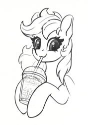 Size: 851x1200 | Tagged: safe, artist:maytee, imported from derpibooru, pony, black and white, boba tea, bust, commission, drinking straw, grayscale, monochrome, portrait, simple background, sipping, smiling, solo, white background, ych sketch, your character here