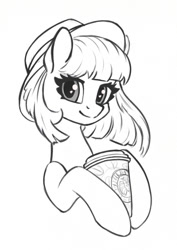 Size: 851x1200 | Tagged: safe, artist:maytee, imported from derpibooru, pony, black and white, bust, coffee cup, commission, cup, grayscale, hat, monochrome, portrait, simple background, smiling, solo, white background, ych sketch, your character here