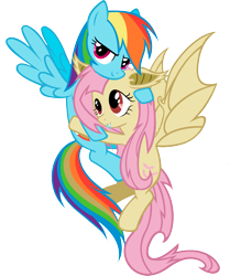 Size: 1671x2001 | Tagged: safe, artist:themomoko, imported from derpibooru, fluttershy, rainbow dash, bat pony, pegasus, pony, bat ponified, bat wings, female, flutterbat, flutterdash, lesbian, mare, race swap, shipping, simple background, transparent background, wings