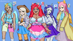 Size: 3840x2160 | Tagged: safe, artist:metaruscarlet, imported from derpibooru, applejack, fluttershy, pinkie pie, rainbow dash, rarity, human, accessory, alternate hairstyle, applejack's hat, clothes, cosplay, costume, cowboy hat, hat, horn, humanized, jewelry, necklace, pony ears, skirt, sunglasses, wings