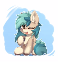 Size: 3476x3751 | Tagged: safe, artist:lunylin, imported from derpibooru, oc, oc only, oc:peacher, pegasus, pony, beanbrows, chest fluff, eye clipping through hair, eyebrows, eyebrows visible through hair, female, folded wings, high res, looking at you, mare, one eye closed, open mouth, open smile, pegasus oc, raised hoof, sitting, smiling, smiling at you, solo, wings, wink, winking at you
