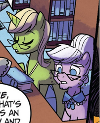 Size: 317x392 | Tagged: safe, artist:tonyfleecs, idw, imported from derpibooru, earth pony, pony, unicorn, from the shadows, spoiler:comic, spoiler:comic51, book, bookshelf, comic, cropped, elderly, female, glasses, librarian, library, mare, official comic, speech bubble, unnamed character, unnamed pony