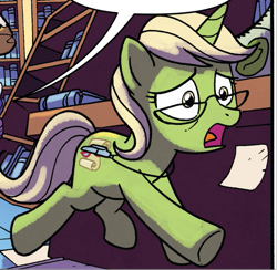 Size: 637x622 | Tagged: safe, artist:tonyfleecs, idw, imported from derpibooru, earth pony, pony, from the shadows, spoiler:comic, spoiler:comic52, book, bookshelf, comic, cropped, female, glasses, librarian, library, mare, official comic, unnamed character, unnamed pony