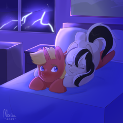 Size: 3000x3000 | Tagged: safe, artist:merisa, imported from derpibooru, oc, oc:renown composition, oc:solar spark, earth pony, pony, unicorn, bed, dark, dresser, earth pony oc, eyes closed, female, horn, lightning, lying down, lying on bed, lying on top of someone, male, mare, on bed, pillow, rain, smiling, stallion, storm, straight, unicorn oc, window