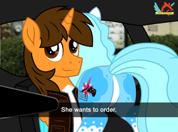 Size: 8759x6496 | Tagged: safe, artist:tanahgrogot, imported from derpibooru, oc, oc:ej, oc:jeremy sparkle, alicorn, butt, car interior, clothes, coat markings, female, he wants to order, male, oc x oc, shipping