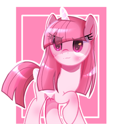 Size: 1156x1156 | Tagged: safe, artist:diniarvegafinahar, imported from derpibooru, oc, oc only, oc:annisa trihapsari, alicorn, earth pony, pony, series:the guardian of leadership, blushing, female, magic, mare, pink background, simple background, solo, white background