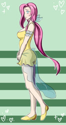 Size: 791x1500 | Tagged: safe, artist:erein, imported from derpibooru, fluttershy, human, alternate hairstyle, clothes, heart, heart eyes, humanized, looking at you, pale skin, ponytail, shoes, smiling, smiling at you, solo, wingding eyes