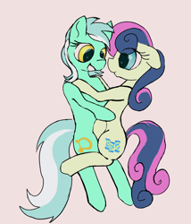 Size: 1500x1750 | Tagged: safe, artist:riskypony, imported from derpibooru, bon bon, lyra heartstrings, sweetie drops, cutie mark, lesbian couple, love, shipping, tail