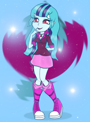 Size: 1921x2608 | Tagged: safe, artist:wojtek-ツ, imported from derpibooru, sonata dusk, human, equestria girls, equestria girls series, rainbow rocks, anniversary, boots, breasts, cleavage, clothes, cutie mark background, equestria girls 10th anniversary, eyeshadow, female, gem, happy, jewelry, legs together, lidded eyes, loose hair, makeup, open mouth, open smile, shoes, skirt, smiling, solo, sparkles