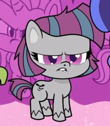 Size: 381x436 | Tagged: safe, imported from derpibooru, screencap, rutabaga rascal, earth pony, pony, unicorn, my little pony: pony life, spoiler:pony life s02e22, angry, annoyed, female, frown, gray coat, lip bite, mare, narrowed eyes, scowl, solo focus, the shows must go on, unknown pony, unnamed character, unnamed pony, unshorn fetlocks