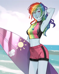 Size: 3200x4000 | Tagged: safe, artist:joe pekar, imported from derpibooru, part of a set, rainbow dash, human, equestria girls, equestria girls series, forgotten friendship, arm behind head, beach, clothes, geode of super speed, looking at you, magical geodes, midriff, multiple variants, ocean, smiling, smiling at you, solo, surfboard, swimsuit, water