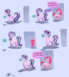 Size: 1920x2151 | Tagged: safe, artist:calebpedigo, imported from derpibooru, pinkie pie, starlight glimmer, earth pony, pony, unicorn, atg 2023, clone, coffee, coffee mug, comic, dialogue, drink, drinking, duo, female, mare, mug, multeity, newbie artist training grounds, pinkie clone, purple background, signature, simple background, speech bubble