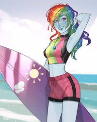 Size: 3200x4000 | Tagged: safe, artist:joe pekar, imported from derpibooru, part of a set, rainbow dash, human, equestria girls, equestria girls series, forgotten friendship, arm behind head, beach, belly button, breasts, clothes, futa, geode of super speed, intersex, looking at you, magical geodes, midriff, multiple variants, ocean, reasonably sized breasts, smiling, smiling at you, surfboard, swimming trunks, swimsuit, water