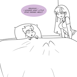 Size: 1200x1200 | Tagged: safe, artist:thicc-verse, imported from derpibooru, spike, twilight sparkle, human, bed, black and white, dialogue, duo, duo male and female, female, grayscale, humanized, lying down, male, monochrome, on back, partial color, simple background, sleeping, speech bubble, white background