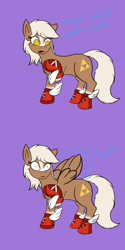 Size: 1500x3000 | Tagged: safe, artist:darnelg, edit, imported from derpibooru, earth pony, pegasus, pony, blaze (coat marking), boots, clothes, coat markings, epona, epony, facial markings, pegasus boots, purple background, race swap, shoes, simple background, socks (coat markings), solo, surprised, the legend of zelda, transformation, visual gag