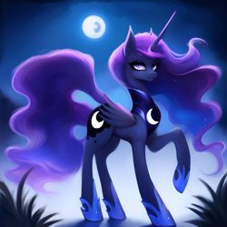 Size: 1856x1856 | Tagged: safe, imported from derpibooru, nightmare moon, princess luna, alicorn, pony, ai content, ai generated, ethereal mane, evil, female, folded wings, generator:stable diffusion, moonlight, night, raised hoof, wings