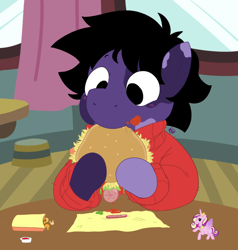 Size: 950x1000 | Tagged: safe, artist:dsstoner, imported from derpibooru, princess cadance, oc, oc only, oc:carlos, earth pony, pony, burger, colt, foal, food, hay burger, male, toy