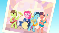 Size: 1920x1080 | Tagged: safe, imported from derpibooru, screencap, lonely hearts, northern song, pinkie pie, strawberry fields, earth pony, pony, party pooped, cymbals, drums, drumsticks, george harrison, guitar, john lennon, male, musical instrument, paul mccartney, pinko starr, playing instrument, ponified, singing, stallion, the beatles