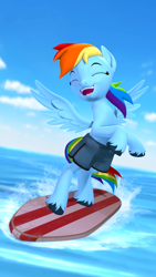 Size: 2160x3840 | Tagged: safe, artist:owlpirate, imported from derpibooru, rainbow dash, pegasus, pony, 3d, 4k, bipedal, clothes, eyes closed, female, high res, mare, open mouth, open smile, smiling, solo, source filmmaker, spread wings, surfboard, surfing, swimming trunks, swimsuit, unshorn fetlocks, wings