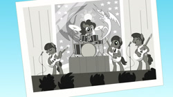 Size: 1920x1080 | Tagged: safe, imported from derpibooru, screencap, lonely hearts, northern song, pinkie pie, strawberry fields, earth pony, pony, party pooped, black and white, crowd, cymbals, drums, drumsticks, ed sullivan show, equestrian flag, george harrison, grayscale, guitar, john lennon, male, microphone, monochrome, musical instrument, paul mccartney, pinko starr, platform, playing instrument, ponified, silhouette, singing, stage, stallion, the beatles