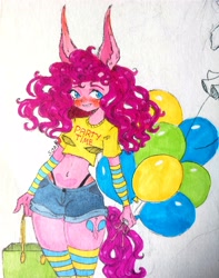 Size: 3310x4191 | Tagged: safe, artist:sheetofplywood8, imported from derpibooru, pinkie pie, human, arm warmers, balloon, belly button, blushing, clothes, cutie mark on human, eared humanization, female, humanized, midriff, panties, shorts, smiling, socks, solo, striped arm warmers, striped socks, thong, traditional art, underwear